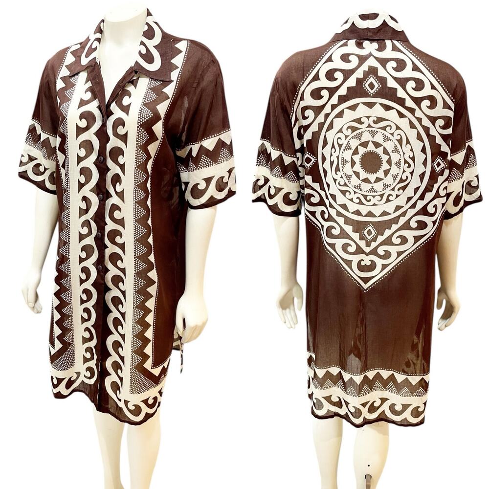Gottex Brown White Cotton Button Down Swim Coverup Medium